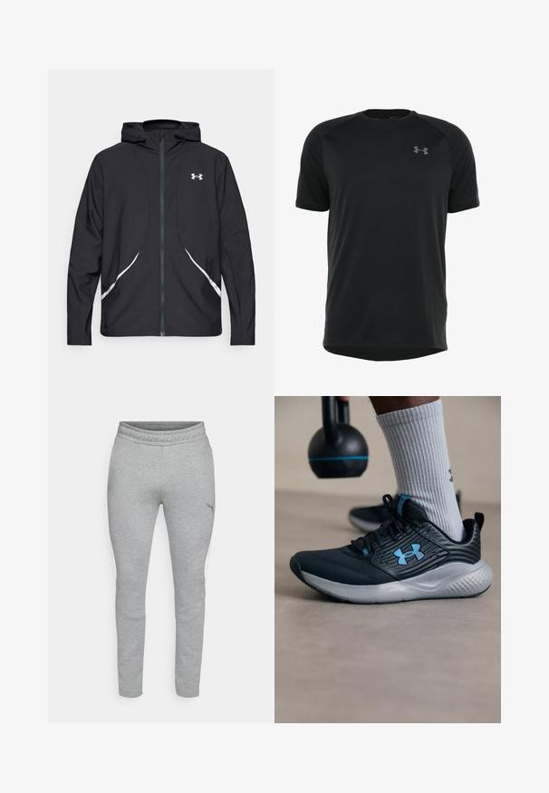 Casaco preto com capuz e fecho de correr, detalhes brancos e logótipo, apresentando mangas compridas e um tecido liso e elegante.; Camisa atlética preta de manga curta feita de um tecido liso e leve. Apresenta um decote arredondado e um logótipo discreto no peito.; Calças de moletom cinzas com um tecido texturado, cintura elástica e forma ajustada. Apresenta painéis laterais brancos e um pequeno logo na coxa.; Sapatilha atlética preta com detalhes em azul, parte superior texturizada e sola cinza. Usada com meias caneladas cinza, ao lado de um kettlebell preto.