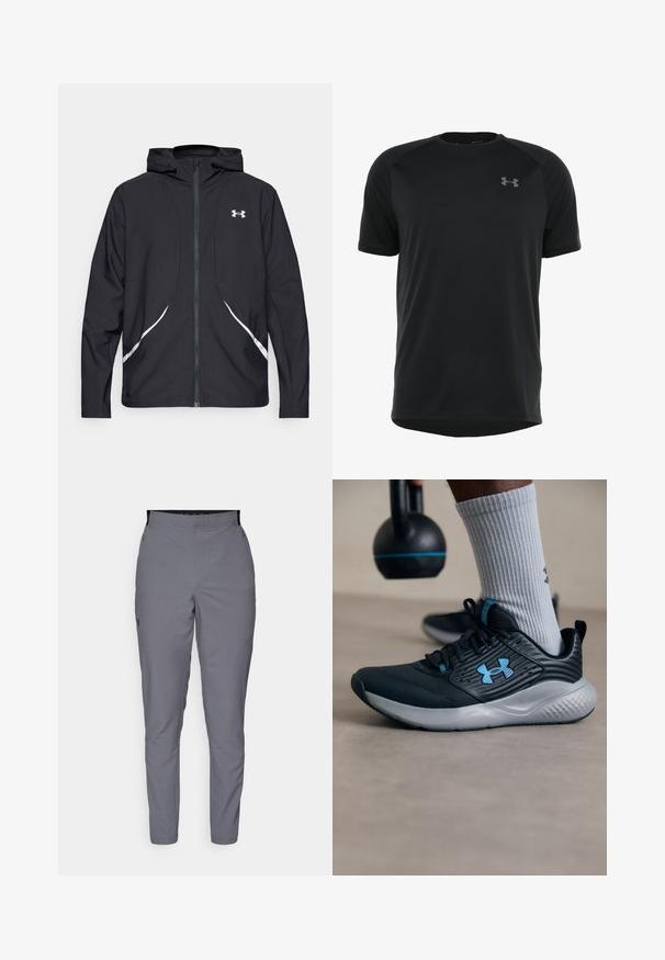 Casaco preto com capuz e fecho de correr, detalhes brancos e logótipo, apresentando mangas compridas e um tecido liso e elegante.; Camisa atlética preta de manga curta feita de um tecido liso e leve. Apresenta um decote arredondado e um logótipo discreto no peito.; Calças cinzentas, ajustadas, com uma textura suave, cós elástico e bolsos laterais. Apresenta um pequeno logótipo na coxa esquerda.; Sapatilha atlética preta com detalhes em azul, parte superior texturizada e sola cinza. Usada com meias caneladas cinza, ao lado de um kettlebell preto.