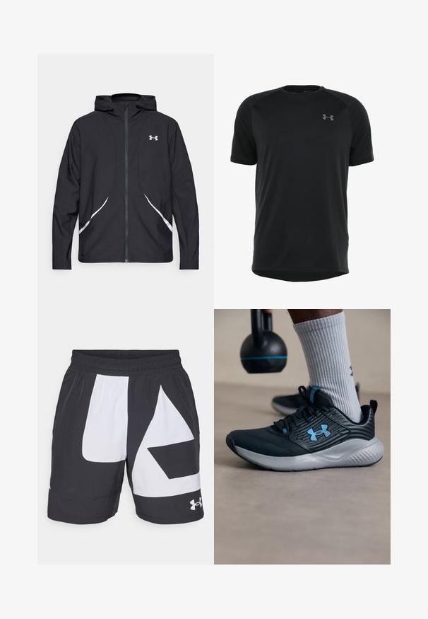 Svart hettejakke med glidelås, hvite detaljer og logo, med lange ermer og en glatt, jevn stofftekstur.; Svart treningst-skjorte med korte ermer laget av glatt, lett stoff. Har rund halslinning og diskret logo på brystet.; Under Armour ZONE SHORT - Sports shorts - black/white; Svarte idrettsko med blå detaljer, teksturert overdel og grå såle. Brukt med grå ribbestrikkede sokker, ved siden av en svart kettlebell.
