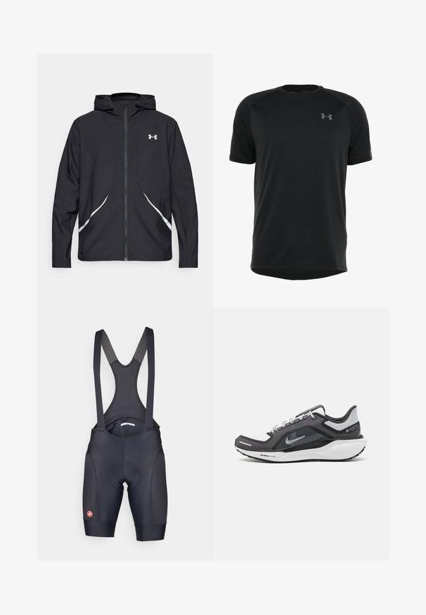 Casaco preto com capuz e fecho de correr, detalhes brancos e logótipo, apresentando mangas compridas e um tecido liso e elegante.; Camisa atlética preta de manga curta feita de um tecido liso e leve. Apresenta um decote arredondado e um logótipo discreto no peito.; Bermudas de ciclismo pretas com alças de malha, assento almofadado e painéis laterais texturizados. Apresenta um logotipo na perna inferior e um design ajustado.; Sapatilha atlética preta e cinza com parte superior em malha, detalhes reflexivos e uma entressola branca. Apresenta uma sola de borracha texturizada e atacadores.