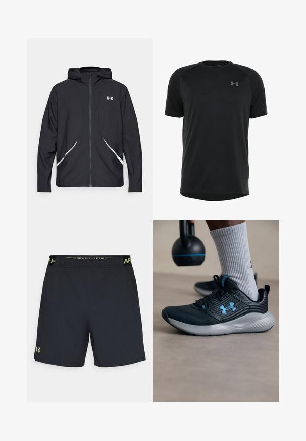 Chaqueta negra con capucha y cremallera, con detalles y logotipo en blanco, mangas largas y una textura de tela lisa y elegante.; Camiseta atlética negra de manga corta, hecha de una tela suave y ligera. Presenta un cuello redondeado y un logo discreto en el pecho.; Under Armour VANISH SHORTS - Pantalón corto de deporte - black/morph green; Zapatilla deportiva negra con acentos azules, parte superior texturizada y suela gris. Llevada con calcetines grises de canalé, al lado de una kettlebell negra.