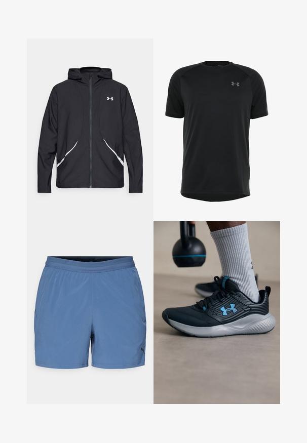 Black zip-up hooded jacket with white accents and logo, featuring long sleeves and a sleek, smooth fabric texture.; Black short-sleeve athletic shirt made of smooth, lightweight fabric. Features a rounded neckline and discreet logo on the chest.; Blue athletic shorts with an elastic waistband, made of lightweight, smooth fabric; features a logo on the lower front left side.; Black athletic shoe with blue accents, textured upper, and gray sole. Worn with gray ribbed socks, beside a black kettlebell.