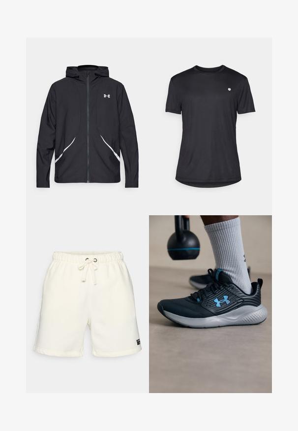 Musta vetoketjullinen huppari valkoisilla yksityiskohdilla ja logolla, jossa on pitkät hihat ja tyylikäs, sileäpintainen kangas.; Musta lyhythihainen t-paita, joka on valmistettu sileästä kankaasta, pyöreällä kaula-aukoilla ja pienellä valkoisella logolla vasemmassa rinnassa.; Vaaleanbeige kangashousut, joissa on joustava vyötärö, nyörikiinnitys, sivutaskut ja pieni musta etiketti helman lähellä.; Mustat urheilukengät sinisillä yksityiskohdilla, teksturoitu pinta ja harmaa pohja. Vaatteena harmaat ribbited socksit, mustan kettlebellin vieressä.