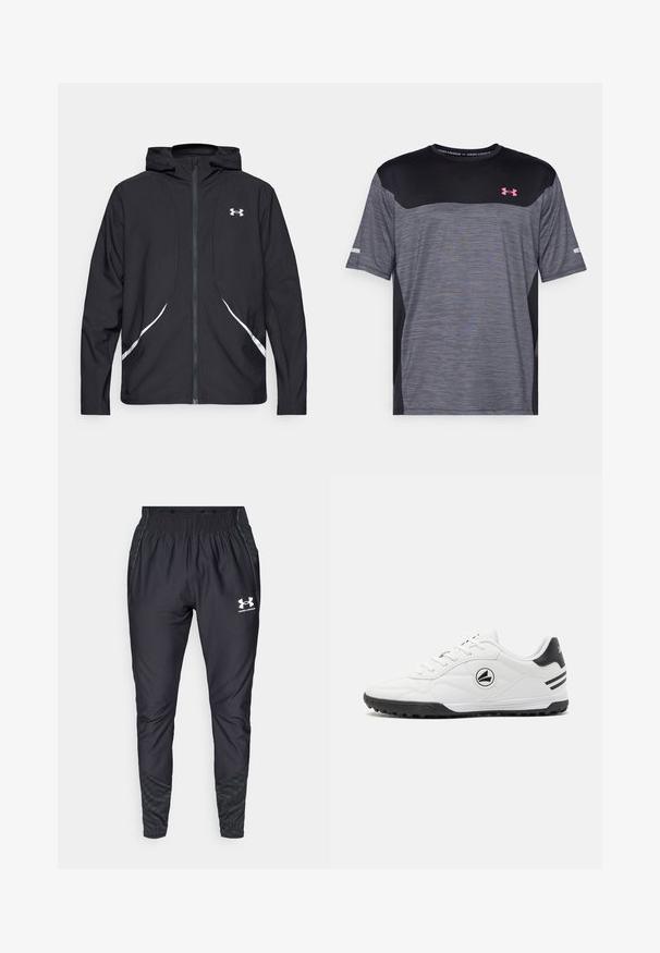 Svart hettejakke med glidelås, hvite detaljer og logo, med lange ermer og en glatt, jevn stofftekstur.; Grå og svart kortermet treningstrøye med strukturelt mønster, rund hals og rosa Under Armour-logo på brystet.; Under Armour PRO PANT - Joggebukse - black/white; Hvite treningesko med glatt skinnøvre, svarte aksenter, teksturert såle og en rund logo på siden. Har smal snøring.