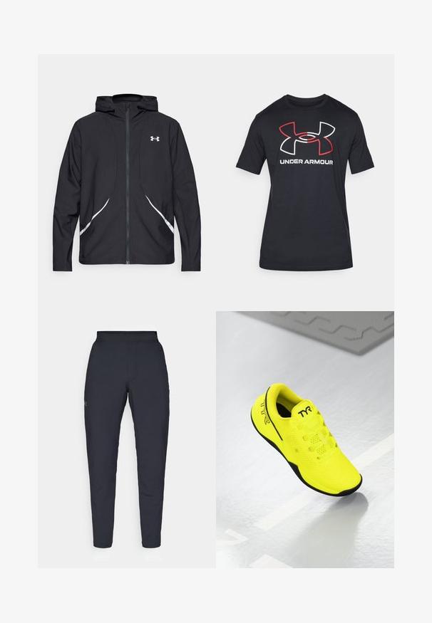 Black zip-up hooded jacket with white accents and logo, featuring long sleeves and a sleek, smooth fabric texture.; Black short-sleeve t-shirt made from lightweight fabric featuring a large red and white Under Armour logo on the front.; Black athletic pants with a smooth texture, slim fit, elastic waistband, and side pockets. Features a small logo on the left thigh.; Bright yellow athletic shoe with mesh upper, black outsole, and TYR logo on the side. Features a lightweight design and lace closure.