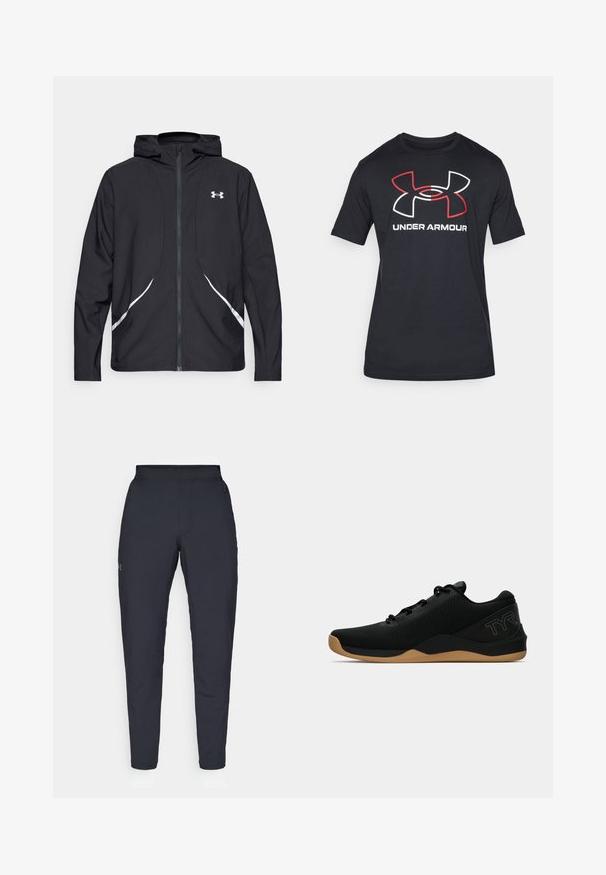 Crna jakna s kapuljačom na patentni zatvarač s bijelim detaljima i logotipom, s dugim rukavima i glatkom, mekanom teksturom tkanine.; Crna majica kratkih rukava izrađena od lagane tkanine s velikim crvenim i bijelim logotipom Under Armour na prednjoj strani.; Crne sportske hlače s glatkom teksturom, uskih krojeva, elastičnim pojasom i bočnim džepovima. Imaju mali logo na lijevom bedru.; Crne atletske tenisice s teksturiranim mrežastim gornjim dijelom, sustavom vezivanja i gumenenim potplatom. Imaju diskretno plavo brendiranje na peti.