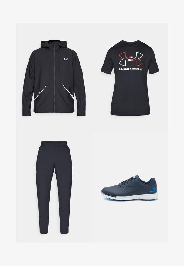 Chaqueta negra con capucha y cremallera, con detalles y logotipo en blanco, mangas largas y una textura de tela lisa y elegante.; Camiseta negra de manga corta hecha de tela ligera, con un gran logo de Under Armour en rojo y blanco en el frente.; Pantalones deportivos negros con una textura suave, corte ajustado, cinturilla elástica y bolsillos laterales. Presentan un pequeño logo en el muslo izquierdo.; Zapatos de golf navy con un diseño elegante, parte superior sintética, entresuela blanca y clavos de goma azules. Presenta perforaciones para una mejor transpirabilidad.