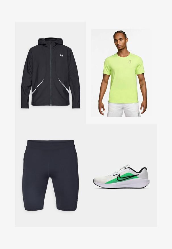 Crna jakna s kapuljačom na patentni zatvarač s bijelim detaljima i logotipom, s dugim rukavima i glatkom, mekanom teksturom tkanine.; Neon zelena atletska majica izrađena od glatkog, laganog materijala. Ima okrugli izrez i mali crni logo na prsima. Kratki rukavi.; Mornarske kratke hlače od rastezljivog materijala s prilagođenim dizajnom. Imaju glatke šavove i mali logo na lijevoj nozi.; Bijela atletska obuća s zelenim akcentom, crnim logotipom, mrežastim gornjim dijelom, podstavljenom sole i zaobljenim petom. Sadrži vezice i kontrastne detalje.