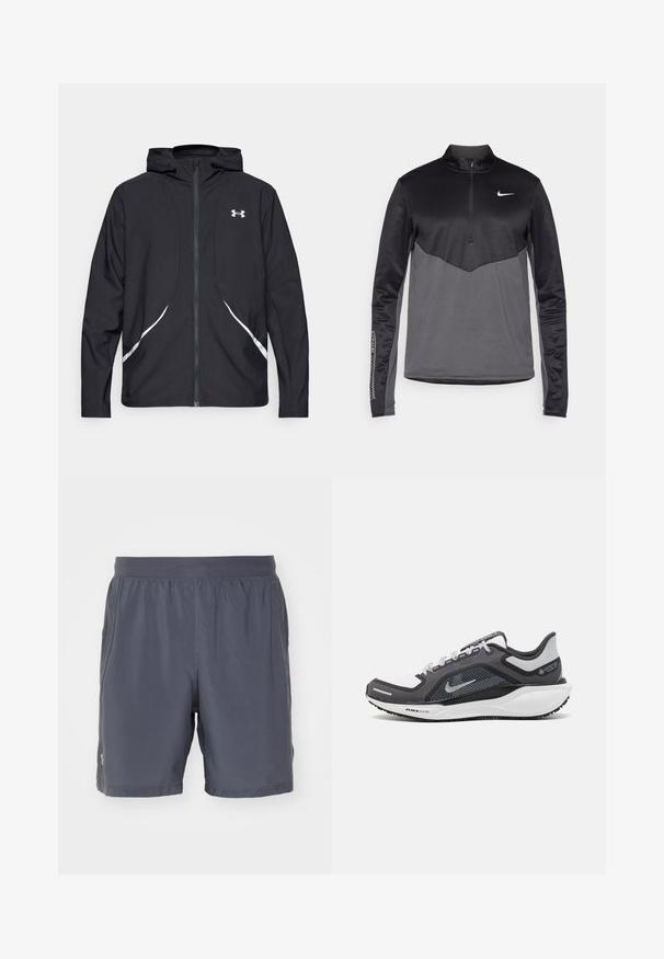 Black zip-up hooded jacket with white accents and logo, featuring long sleeves and a sleek, smooth fabric texture.; Black and gray Nike long-sleeve quarter-zip pullover, featuring a textured body, smooth sleeves, and a logo on the chest.; Gray athletic shorts made of lightweight, moisture-wicking material. Features an elastic waistband and stitched accents. No pockets.; Black and gray athletic shoe with a mesh upper, reflective accents, and a white midsole. Features textured rubber outsole and laces.