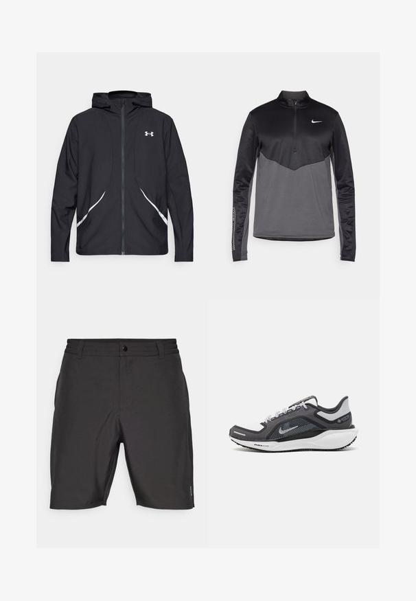Casaco preto com capuz e fecho de correr, detalhes brancos e logótipo, apresentando mangas compridas e um tecido liso e elegante.; Pullover de manga longa Nike em preto e cinza com zíper de um quarto, apresentando um corpo texturizado, mangas suaves e um logotipo no peito.; Calções de praia pretos em tecido leve e suave. Apresentam um fecho de botão e dois bolsos laterais, com um design minimalista e costuras discretas.; Sapatilha atlética preta e cinza com parte superior em malha, detalhes reflexivos e uma entressola branca. Apresenta uma sola de borracha texturizada e atacadores.