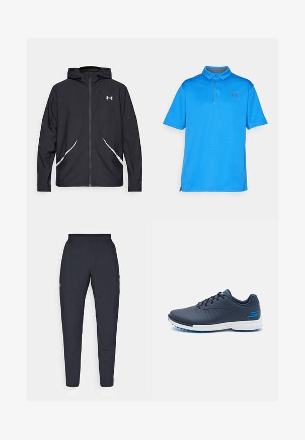 Sort lynlåstrøje med hætte, hvide detaljer og logo, med lange ærmer og en glat, glat stoftekstur.; Blå polo skjorte lavet af tekstureret stof, med en krave, korte ærmer og et diskret logo på brystet. Sideslidser for let bevægelse.; Sorte atletiske bukser med en glat overflade, tætsiddende pasform, elastisk talje og sidelommer. Indeholder et lille logo på venstre lår.; Marine golf sko med et elegant design, syntetisk overdel, hvid mellemsål og blå gummispidser. Har perforeringer for åndbarhed.