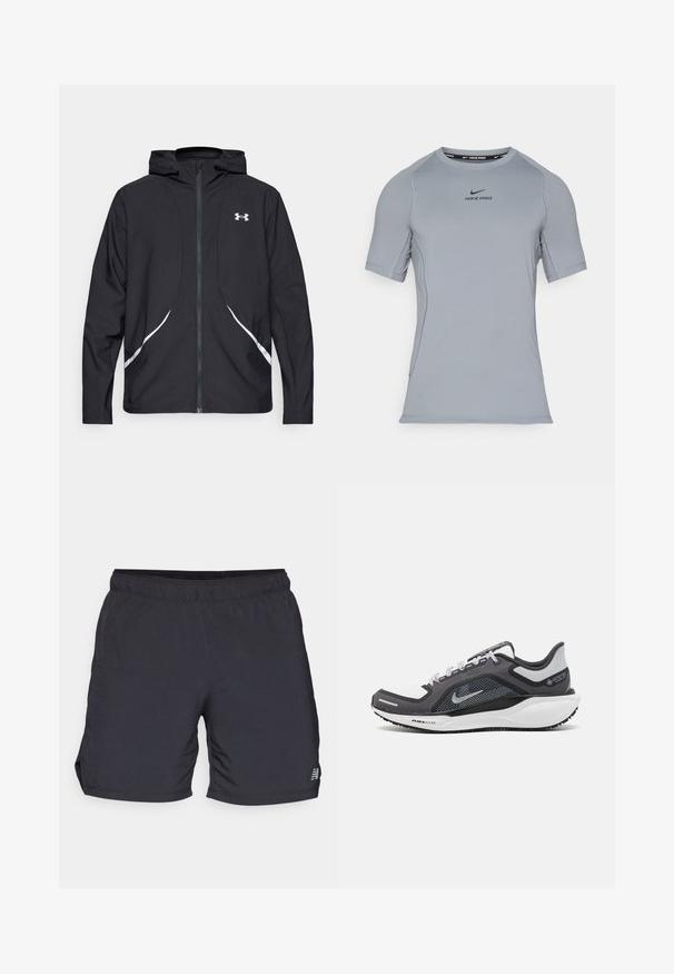 Black zip-up hooded jacket with white accents and logo, featuring long sleeves and a sleek, smooth fabric texture.; Gray short-sleeve athletic shirt made of smooth, stretchy fabric. Features a round neckline and the Nike Pro logo in black on the chest.; Black athletic shorts made of lightweight fabric, featuring an elastic waistband and side slits for mobility. Minimal branding on the side.; Black and gray athletic shoe with a mesh upper, reflective accents, and a white midsole. Features textured rubber outsole and laces.