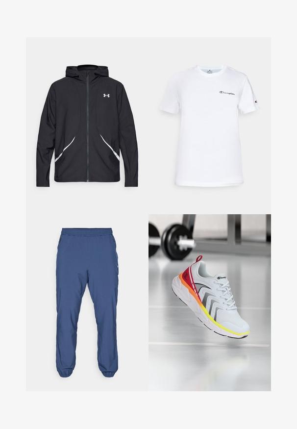 Crna jakna s kapuljačom na patentni zatvarač s bijelim detaljima i logotipom, s dugim rukavima i glatkom, mekanom teksturom tkanine.; Bijela pamučna majica s okruglim izrezom, kratkim rukavima i crnim izvezenim logotipom "Champion" na prsima i na rukavu.; Plave atletske hlače izrađene od laganog materijala. Imaju elastičnu traku u struku, rukave oko članaka i bočne džepove sa patentnim zatvaračem.; Bijela atletska cipela s mrežastim gornjim dijelom, šarenim akcentima u crvenoj, narančastoj i žutoj boji, s teksturiranom potplatom i crnim detaljima.