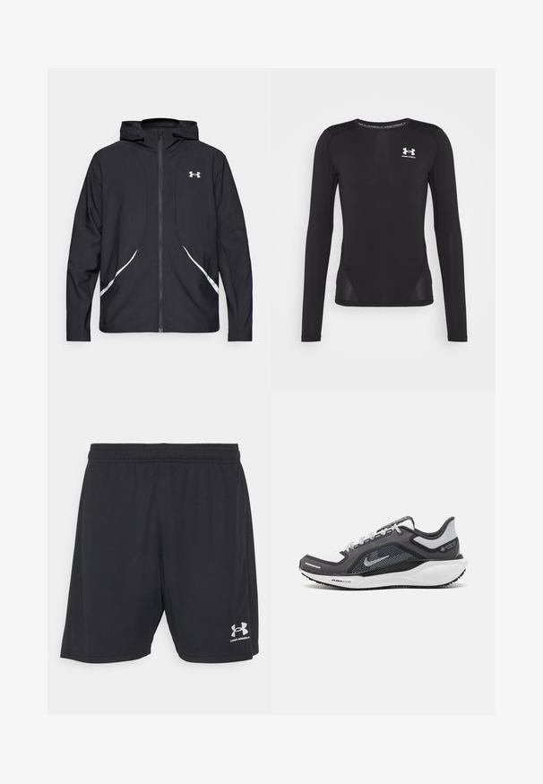 Zwarte capuchonjas met ritssluiting, witte accenten en logo, voorzien van lange mouwen en een gladde, soepele stoftextuur.; Zwarte lange mouwen sportshirt gemaakt van een gladde, lichte stof. Heeft een slim fit ontwerp en mesh zijpanelen. Under Armour-logo op de borst.; Zwarte sportshorts van gladde stof met een elastische tailleband. Bevat een logo in zilver aan de rechteronderkant.; Zwarte en grijze sportschoen met een bovenwerk van mesh, reflecterende accenten en een witte tussenzool. Beschikt over een gestructureerde rubberen zool en veters.