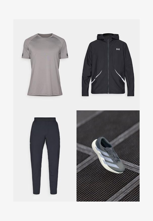 Black zip-up hooded jacket with white accents and logo, featuring long sleeves and a sleek, smooth fabric texture.; Grey short-sleeve t-shirt with a crew neck, made from smooth, lightweight fabric. Features a logo on the left sleeve.; Black athletic pants with a smooth texture, slim fit, elastic waistband, and side pockets. Features a small logo on the left thigh.; Sport shoe in gray and white, made of synthetic material, with a streamlined design, textured finish, and prominent lacing system.