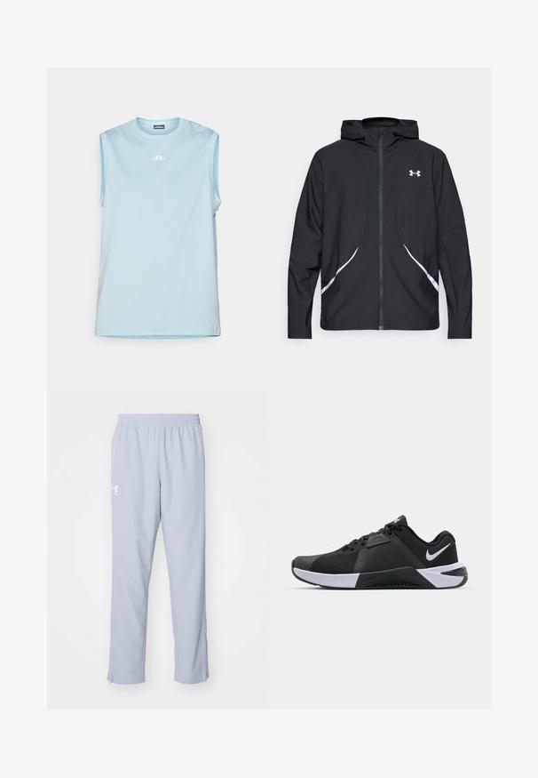 Casaco preto com capuz e fecho de correr, detalhes brancos e logótipo, apresentando mangas compridas e um tecido liso e elegante.; Camisa atlética sem mangas de tom azul claro, feita de um tecido suave e leve, apresentando um decote redondo e um pequeno logótipo branco no peito.; Calças de desporto azul claro com uma cintura elástica, bolsos laterais e fechos nos tornozelos. Apresenta um logo branco na coxa esquerda.; Nike Performance METCON 10 - Sapatilha de treino - black/white/anthracite