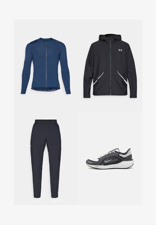 Crna jakna s kapuljačom na patentni zatvarač s bijelim detaljima i logotipom, s dugim rukavima i glatkom, mekanom teksturom tkanine.; Mornarska biciklistička majica dugih rukava s prednjim zatvaračem, logotipom na ramenu i kontrastnim tekstom na donjem rubu. Glatka tekstura tkanine.; Crne sportske hlače s glatkom teksturom, uskih krojeva, elastičnim pojasom i bočnim džepovima. Imaju mali logo na lijevom bedru.; Crne i sive atletske cipele s mrežastim gornjim dijelom, reflektirajućim detaljima i bijelim među-djelom. Imaju strukturiranu gumenu potplate i vezice.