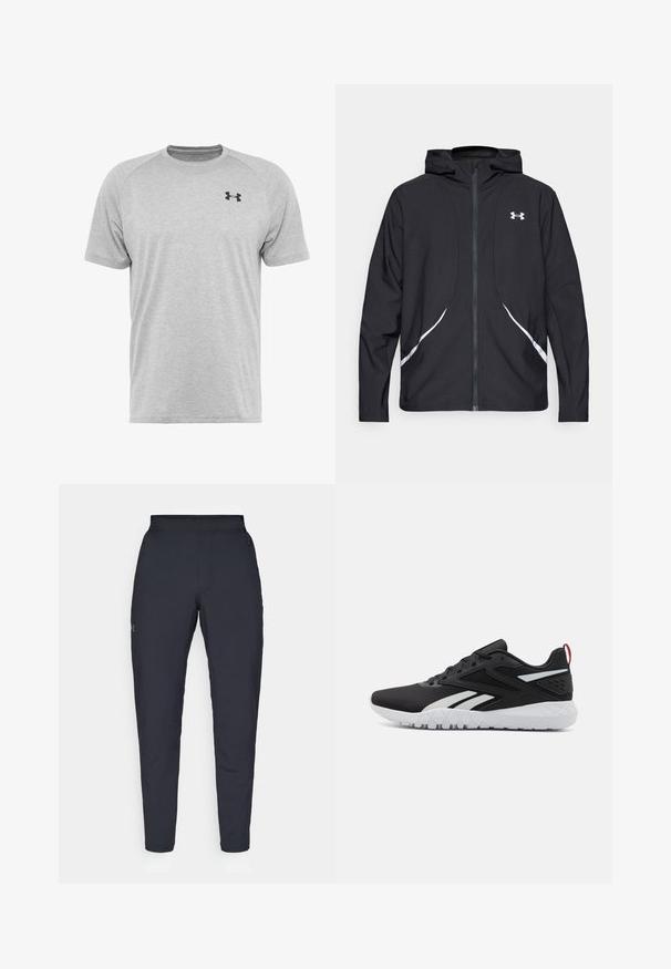 Casaco preto com capuz e fecho de correr, detalhes brancos e logótipo, apresentando mangas compridas e um tecido liso e elegante.; Camisola desportiva cinza de mangas curtas, feita de um tecido leve. Apresenta um logo preto no peito e mangas raglan para maior liberdade de movimento.; Calças de desporto negras com uma textura suave, corte justo, cintura elástica e bolsos laterais. Apresenta um pequeno logótipo na coxa esquerda.; Roupas de atletismo pretas com um acabamento em rede, detalhes em branco, sola texturizada e uma aba no calcanhar vermelha para um toque adicional.