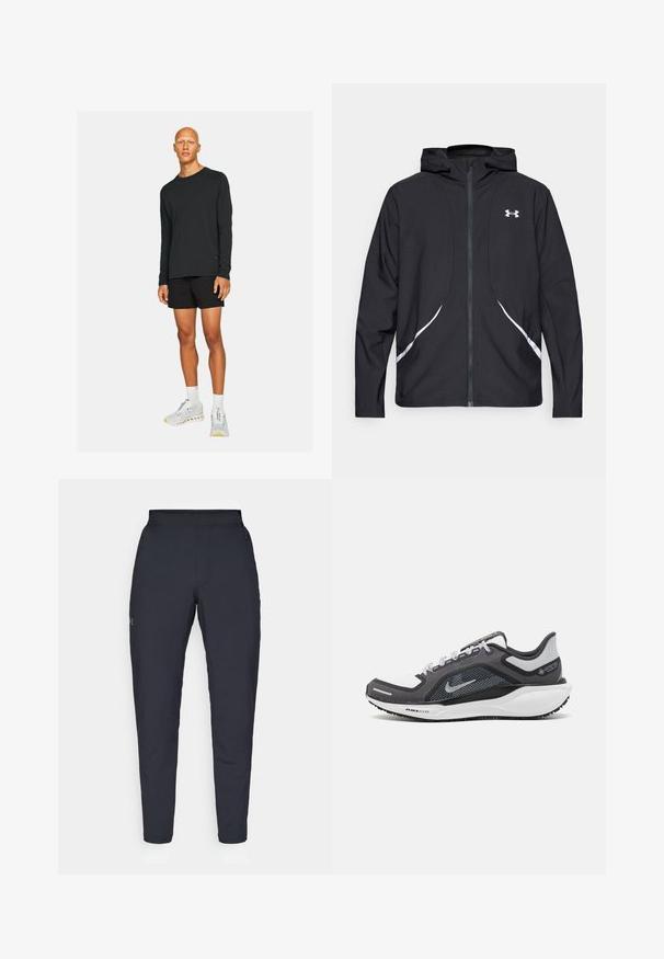 Giacca nera con cappuccio e zip, dettagli bianchi e logo, maniche lunghe e tessuto liscio e lucido.; Maglietta nera a maniche lunghe abbinata a pantaloni corti neri. Il modello indossa scarpe sportive bianche e grigie con dettagli, in piedi su uno sfondo semplice.; Pantaloni sportivi neri con una texture liscia, vestibilità slim, vita elastica e tasche laterali. Presentano un piccolo logo sulla coscia sinistra.; Scarpa da ginnastica nera e grigia con tomaia in rete, dettagli riflettenti e intersuola bianca. Presenta una suola in gomma testurizzata e lacci.