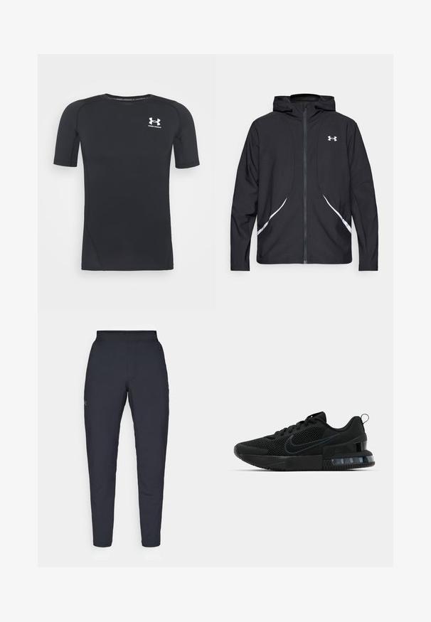 Crna jakna s kapuljačom na patentni zatvarač s bijelim detaljima i logotipom, s dugim rukavima i glatkom, mekanom teksturom tkanine.; Crna kratkodlaka atletska majica izrađena od tkanine koja odvodi vlagu i elastična je. Ima okrugli izrez i mali bijeli logo na prsima.; Crne sportske hlače s glatkom teksturom, uskih krojeva, elastičnim pojasom i bočnim džepovima. Imaju mali logo na lijevom bedru.; Crne Nike tenisice s mrežastim gornjim dijelom, teksturiranim potplatom i vidljivom zračnom jedinicom u peti. Naglasci i logo u tamnijoj nijansi crne.