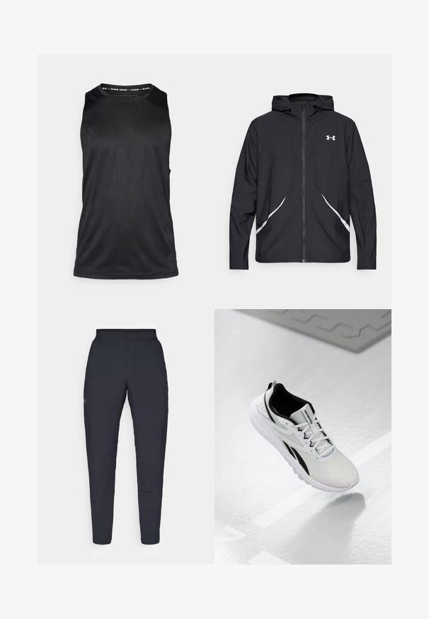 Black zip-up hooded jacket with white accents and logo, featuring long sleeves and a sleek, smooth fabric texture.; Black sleeveless athletic tank top, made of smooth, lightweight fabric, featuring a crew neckline and minimalist design without embellishments.; Black athletic pants with a smooth texture, slim fit, elastic waistband, and side pockets. Features a small logo on the left thigh.; Light gray athletic shoe with black accents, textured mesh upper, cushioned sole, and lace-up closure. Features a heel pull tab.