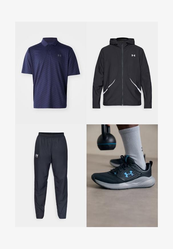 Musta vetoketjullinen huppari valkoisilla yksityiskohdilla ja logolla, jossa on pitkät hihat ja tyylikäs, sileäpintainen kangas.; Navy sininen polo-paita, joka on valmistettu hengittävästä kankaasta. Paita on varustettu rakenteellisella geometrisella kuviolla ja kolmella napilla varustetulla kauluksella. Rinnassa on pieni logo.; Mustat urheiluhousut, joissa on joustava vyötärö, kapeat lahkeet ja valkoinen logo sivussa. Valmistettu kevyestä, kestävästä kankaasta.; Mustat urheilukengät sinisillä yksityiskohdilla, teksturoitu pinta ja harmaa pohja. Vaatteena harmaat ribbited socksit, mustan kettlebellin vieressä.