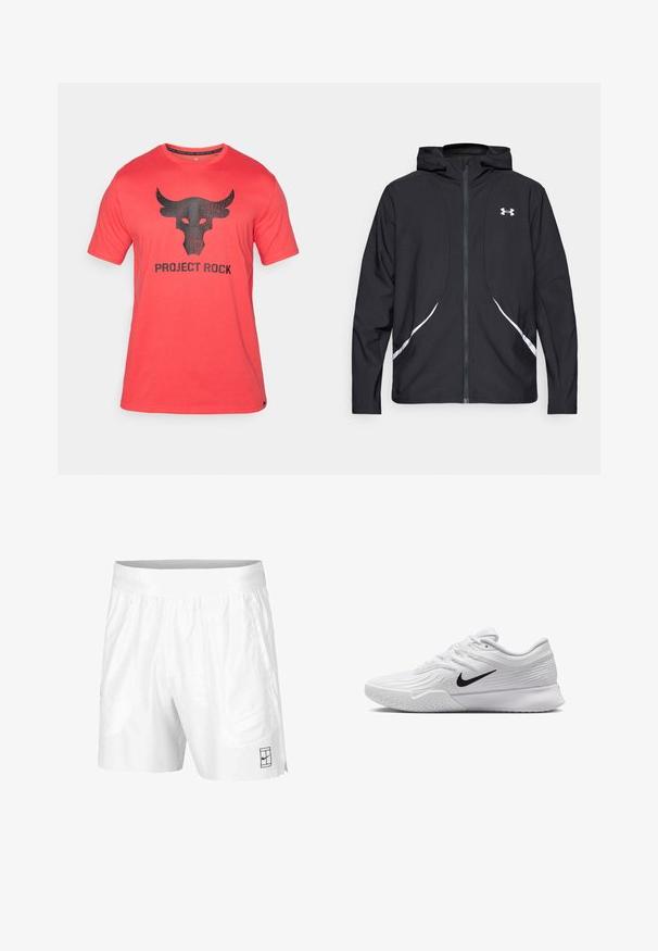 Zwarte capuchonjas met ritssluiting, witte accenten en logo, voorzien van lange mouwen en een gladde, soepele stoftextuur.; Rode korte mouwen t-shirt in het rood met een versleten zwart stierenkop grafiek en de tekst "PROJECT ROCK" eronder. Gemaakt van een zachte stof.; Witte sportshorts gemaakt van lichtgewicht stof met een elastische tailleband, voorzien van twee zijzakken en een klein zwart logo op de zoom.; Witte sportieve schoen met textuur in het mesh bovenwerk, zwarte Nike swoosh, gevoerde kraag en rubberen zool met een profielpatroon.