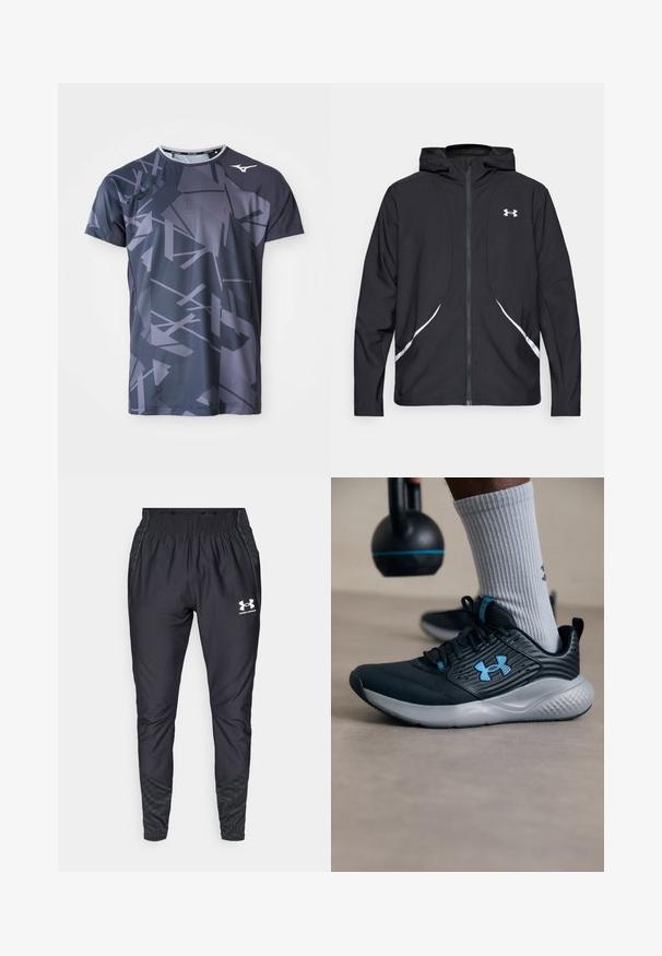 Giacca nera con cappuccio e zip, dettagli bianchi e logo, maniche lunghe e tessuto liscio e lucido.; Maglietta sportiva realizzata in tessuto leggero, con una base grigio scuro e motivi geometrici astratti in grigio chiaro, dotata di un design a collo rotondo.; Under Armour PRO PANT - Pantaloni sportivi - black/white; Scarpone sportivo nero con accenti blu, tomaia testurizzata e suola grigia. Indossato con calzini grigi a costine, accanto a un kettlebell nero.