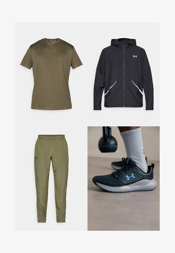 Chaqueta negra con capucha y cremallera, con detalles y logotipo en blanco, mangas largas y una textura de tela lisa y elegante.; Camiseta de manga corta verde oliva hecha de tela suave. Presenta un cuello redondo y un logo sutil en el pecho, con un diseño simple y aerodinámico.; Pantalones deportivos verde oliva con cintura elástica, patas ajustadas, una textura suave y un pequeño logo negro en el lado izquierdo.; Zapatilla deportiva negra con acentos azules, parte superior texturizada y suela gris. Llevada con calcetines grises de canalé, al lado de una kettlebell negra.