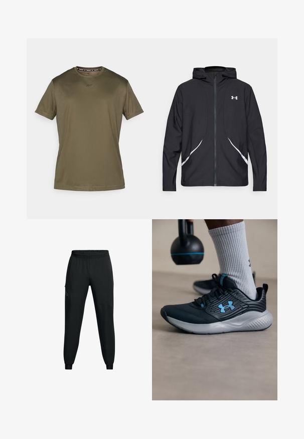 Black zip-up hooded jacket with white accents and logo, featuring long sleeves and a sleek, smooth fabric texture.; Olive green short-sleeve t-shirt made of smooth fabric. Features a round neck and subtle logo on the chest, with a simple, streamlined design.; Black athletic pants with an elastic waistband, tapered leg design, side pockets, and contrasting panel details. Lightweight, smooth fabric.; Black athletic shoe with blue accents, textured upper, and gray sole. Worn with gray ribbed socks, beside a black kettlebell.