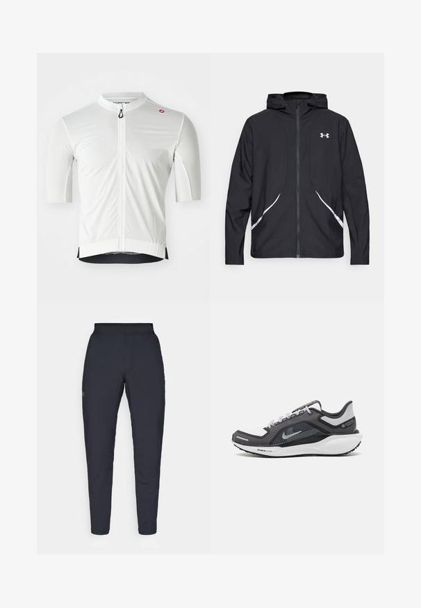 Chaqueta negra con capucha y cremallera, con detalles y logotipo en blanco, mangas largas y una textura de tela lisa y elegante.; Jersey de ciclismo blanco de manga corta, con cremallera delantera de largo completo, tejido texturizado y un acento negro en el dobladillo.; Pantalones deportivos negros con una textura suave, corte ajustado, cinturilla elástica y bolsillos laterales. Presentan un pequeño logo en el muslo izquierdo.; Zapatilla deportiva negro y gris con parte superior de malla, acentos reflectantes y una entresuela blanca. Presenta una suela de goma texturizada y cordones.