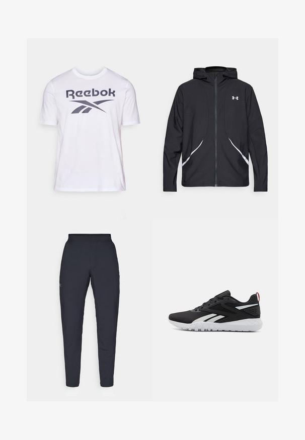 Casaco preto com capuz e fecho de correr, detalhes brancos e logótipo, apresentando mangas compridas e um tecido liso e elegante.; T-shirt branca da Reebok com um grande logótipo e design gráfico cinza escuro na parte da frente. Feita de material de algodão macio, com mangas curtas.; Calças de desporto negras com uma textura suave, corte justo, cintura elástica e bolsos laterais. Apresenta um pequeno logótipo na coxa esquerda.; Roupas de atletismo pretas com um acabamento em rede, detalhes em branco, sola texturizada e uma aba no calcanhar vermelha para um toque adicional.