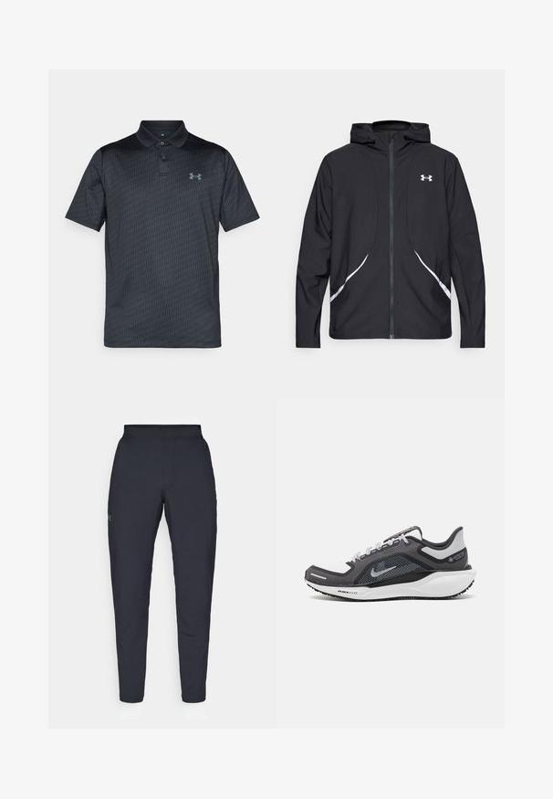 Black zip-up hooded jacket with white accents and logo, featuring long sleeves and a sleek, smooth fabric texture.; Dark gray polo shirt made of smooth fabric, featuring a subtle geometric pattern, a collar, and a blue logo on the left chest.; Black athletic pants with a smooth texture, slim fit, elastic waistband, and side pockets. Features a small logo on the left thigh.; Black and gray athletic shoe with a mesh upper, reflective accents, and a white midsole. Features textured rubber outsole and laces.