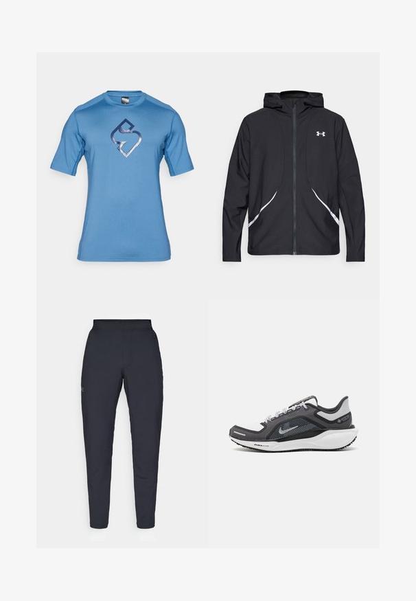 Černá bunda s kapucí na zip, bílými akcenty a logem, s dlouhými rukávy a hladkou, elegantní texturou látky.; Modré sportovní tričko s krátkým rukávem vyrobené z hladkého materiálu, ve středu se nachází tmavě modré logo. Bezšvový design ramen s kulatým výstřihem.; Černé sportovní kalhoty s hladkou texturou, slim fit, elastickým pasem a bočními kapsami. Na levém stehně je umístěno malé logo.; Černá a šedá sportovní obuv s vrškem z prodyšné síťoviny, reflexními akcenty a bílou mezipodešví. Obsahuje texturovanou gumovou podrážku a tkaničky.