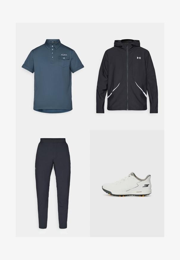 Giacca nera con cappuccio e zip, dettagli bianchi e logo, maniche lunghe e tessuto liscio e lucido.; Polo shirt blu navy con colletto e chiusura a tre bottoni. Dotato di una tasca sul petto a sinistra e ricamo del logo discreto. Maniche corte.; Pantaloni sportivi neri con una texture liscia, vestibilità slim, vita elastica e tasche laterali. Presentano un piccolo logo sulla coscia sinistra.; Scarpa sportiva bianca con tomaia liscia, dettagli grigi e suola nera strutturata con punte arancioni. Design leggero incentrato sul comfort.