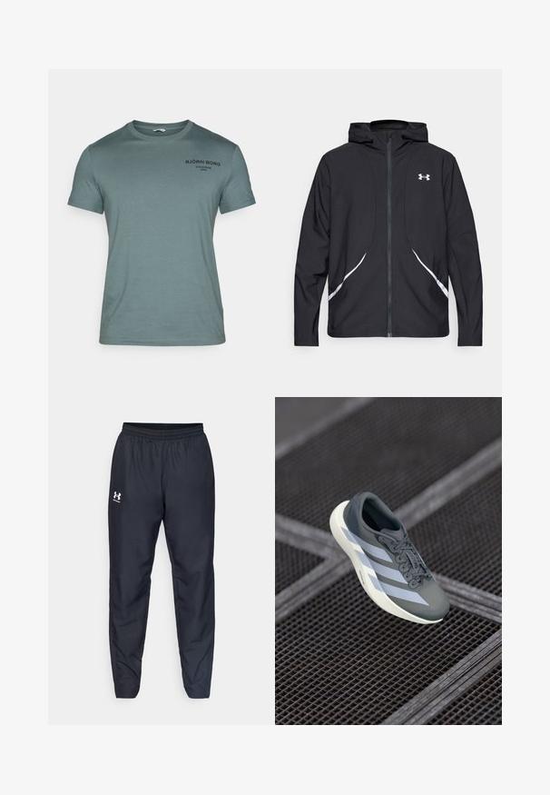 Jachetă neagră cu glugă și fermoar, cu accente și logo alb, având mâneci lungi și o textură elegantă, netedă a țesăturii.; Tricou din bumbac verde deschis, cu guler rotund, mâneci scurte și text imprimat negru pe piept. Design simplu, textură netedă.; Pantaloni sport negru, cu talie elastică, picioare conice și un logo alb pe lateral. Fabricati dintr-un material ușor și durabil.; Pantof sport gri și alb, realizat din material sintetic, cu un design aerodinamic, finisaj texturat și un sistem de șireturi proeminent.