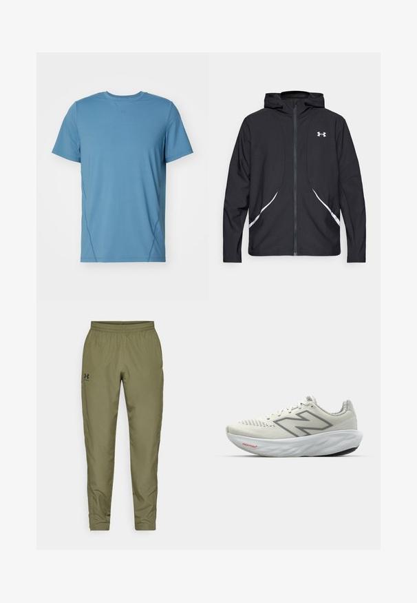 Black zip-up hooded jacket with white accents and logo, featuring long sleeves and a sleek, smooth fabric texture.; Light blue short-sleeve t-shirt made from smooth fabric with a crew neck. Features subtle side seams and an embossed logo near the collar.; Olive green athletic pants with an elastic waistband, tapered legs, a smooth texture, and a small black logo on the left side.; Running shoe in white with gray accents. Mesh upper, textured sole, and prominent "N" logo. Features a padded collar and "Fresh Foam" label.