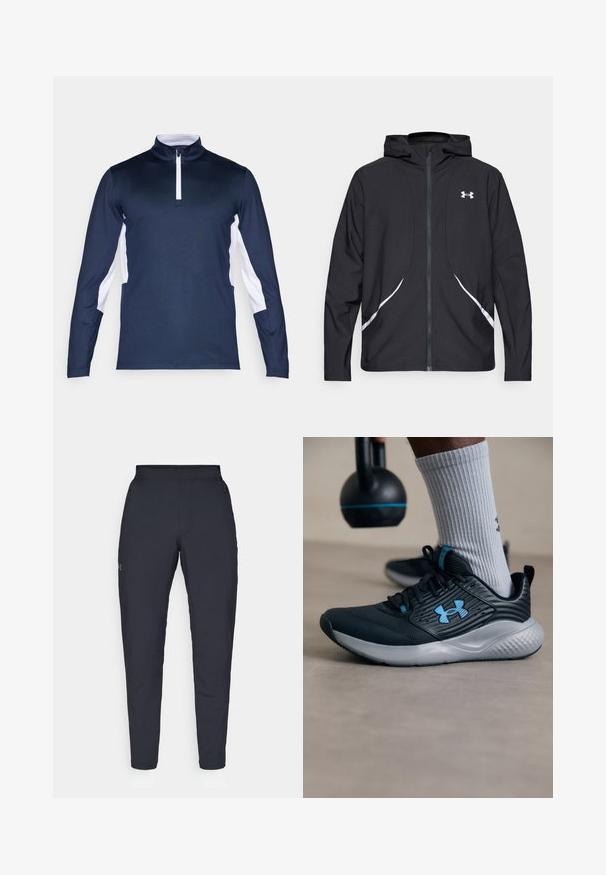 Musta vetoketjullinen huppari valkoisilla yksityiskohdilla ja logolla, jossa on pitkät hihat ja tyylikäs, sileäpintainen kangas.; Laivastonsininen pitkähihaisen paita, jossa valkoinen yksityiskohta sivuilla, puolivetoketjukaulus ja sileä, joustava kangas. Klassinen urheilullinen muotoilu.; Mustat urheiluhousut, joissa on sileä pinta, kapea malli, joustava vyötäkuja ja sivutaskut. Vasemmassa reisissä on pieni logo.; Mustat urheilukengät sinisillä yksityiskohdilla, teksturoitu pinta ja harmaa pohja. Vaatteena harmaat ribbited socksit, mustan kettlebellin vieressä.