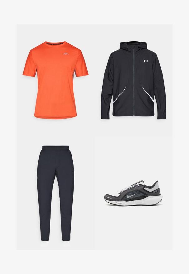 Casaco preto com capuz e fecho de correr, detalhes brancos e logótipo, apresentando mangas compridas e um tecido liso e elegante.; T-shirt atlético de manga curta laranja brilhante com decote redondo e pequeno logótipo azul claro no lado esquerdo do peito, em fundo branco.; Calças de desporto negras com uma textura suave, corte justo, cintura elástica e bolsos laterais. Apresenta um pequeno logótipo na coxa esquerda.; Sapatilha atlética preta e cinza com parte superior em malha, detalhes reflexivos e uma entressola branca. Apresenta uma sola de borracha texturizada e atacadores.