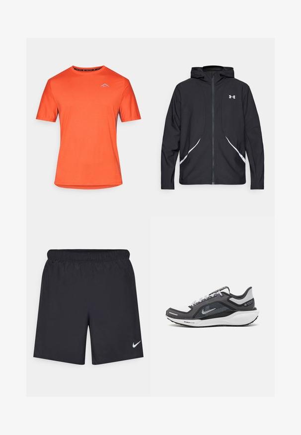 Črna jakna s kapuco na zadrgo z belimi poudarki in logotipom, z dolgimi rokavi in gladko, sijočo tkanino.; Svetlo oranžna kratkotrajna športna majica s kratkimi rokavi in krožnim izrezom ter majhnim svetlobno modrim logotipom na levem prsnem delu, v nasprotju z belo podlago.; Črne atletske kratke hlače iz lahkotnega materiala z elastičnim pasom. Imajo majhen bel Nike logo na spodnji levi strani.; Črne in sive atletske čevlje z mrežasto zgornjim delom, odsevnimi detajli in belim srednjim podplatom. Imajo strukturiran gumijast podplat in vezalke.