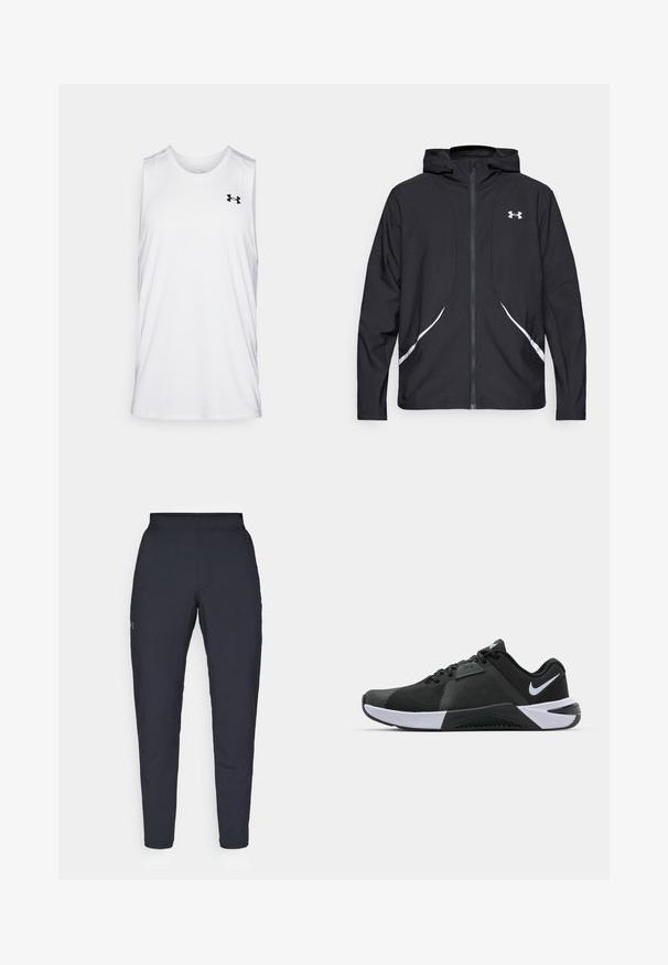 Schwarze Kapuzenjacke mit Reißverschluss, weiß abgesetzte Akzente und Logo, mit langen Ärmeln und einem eleganten, glatten Stoff.; Weißes, ärmelloses Sporttanktop aus leichtem Material, mit rundem Ausschnitt und schwarzem Logo auf der linken Brust.; Schwarze Sporthose mit glatter Textur, schlankem Schnitt, elastischem Bund und seitlichen Taschen. Mit einem kleinen Logo auf dem linken Oberschenkel.; Nike Performance METCON 10 - Trainingsschuh - black/white/anthracite