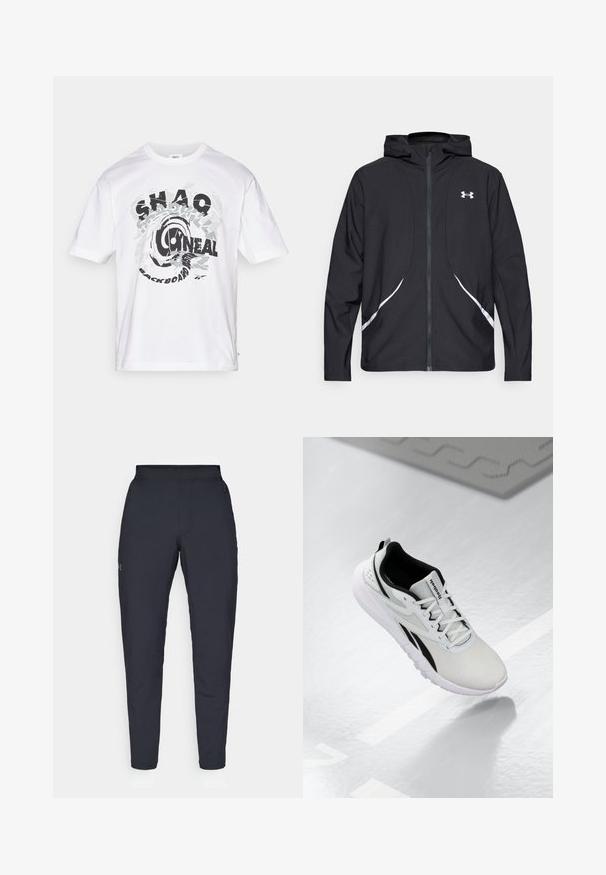 Zwarte capuchonjas met ritssluiting, witte accenten en logo, voorzien van lange mouwen en een gladde, soepele stoftextuur.; Witte katoenen t-shirt met een ronde halslijn en korte mouwen. De voorzijde bevat een graphic met tekst in zwart en grijs met een circulair ontwerp.; Zwarte sportbroeken met een gladde textuur, slanke pasvorm, elastische tailleband en zijzakken. Bevat een klein logo op het linkerdij.; Lichtgrijze sportschoen met zwarte accenten, textuurmelange bovenwerk, gevoerde zool en vetersluiting. Voorzien van een treklus op de hiel.