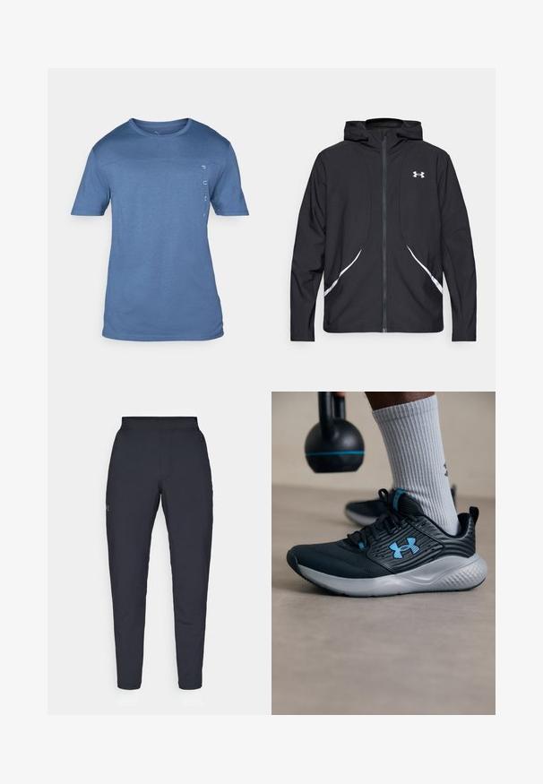 Černá bunda s kapucí na zip, bílými akcenty a logem, s dlouhými rukávy a hladkou, elegantní texturou látky.; Modré tričko s krátkým rukávem vyrobené z měkké, prodyšné tkaniny. Má kulatý výstřih a vertikální logo na levé straně. Jednoduchý design.; Černé sportovní kalhoty s hladkou texturou, slim fit, elastickým pasem a bočními kapsami. Na levém stehně je umístěno malé logo.; Černá sportovní obuv s modrými akcenty, texturovaným svrškem a šedou podrážkou. Nosená se šedými žebrovanými ponožkami, vedle černého kettlebellu.