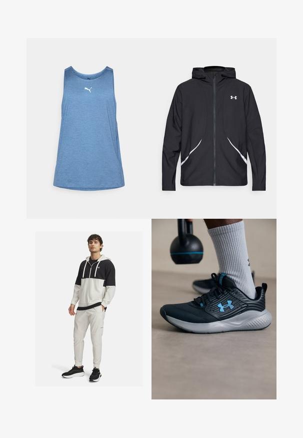 Giacca nera con cappuccio e zip, dettagli bianchi e logo, maniche lunghe e tessuto liscio e lucido.; Top da allenamento blu realizzato in tessuto leggero. Presenta un collo rotondo, design senza maniche e un piccolo logo bianco sul davanti.; Giacca sportiva con cappuccio in bianco e nero con chiusura a zip; abbinata a pantaloni jogger bianchi con tasche e polsini elasticizzati; sneakers nere.; Scarpone sportivo nero con accenti blu, tomaia testurizzata e suola grigia. Indossato con calzini grigi a costine, accanto a un kettlebell nero.