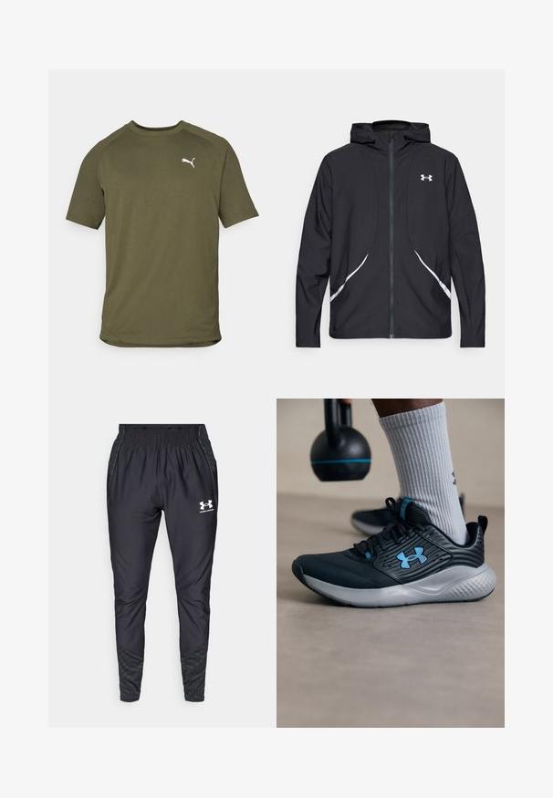 Casaco preto com capuz e fecho de correr, detalhes brancos e logótipo, apresentando mangas compridas e um tecido liso e elegante.; T-shirt de manga curta verde oliva, feito de um tecido suave, apresenta decote redondo e logotipo branco no lado esquerdo do peito.; Under Armour PRO PANT - Calças de fato de treino - black/white; Sapatilha atlética preta com detalhes em azul, parte superior texturizada e sola cinza. Usada com meias caneladas cinza, ao lado de um kettlebell preto.