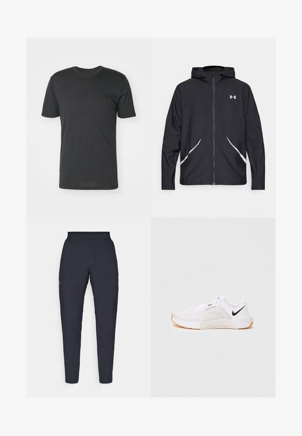 Schwarze Kapuzenjacke mit Reißverschluss, weiß abgesetzte Akzente und Logo, mit langen Ärmeln und einem eleganten, glatten Stoff.; Schwarzes T-Shirt mit kurzen Ärmeln aus Baumwolle, mit einem runden Ausschnitt und einem kleinen schwarzen Logo auf der linken Brustseite.; Schwarze Sporthose mit glatter Textur, schlankem Schnitt, elastischem Bund und seitlichen Taschen. Mit einem kleinen Logo auf dem linken Oberschenkel.; Männlicher weißer Nike Sportschuh mit schwarzem Swoosh-Logo, Obermaterial aus Mesh und braunem Gummisohle, von der Seite auf einem weißen Hintergrund dargestellt.