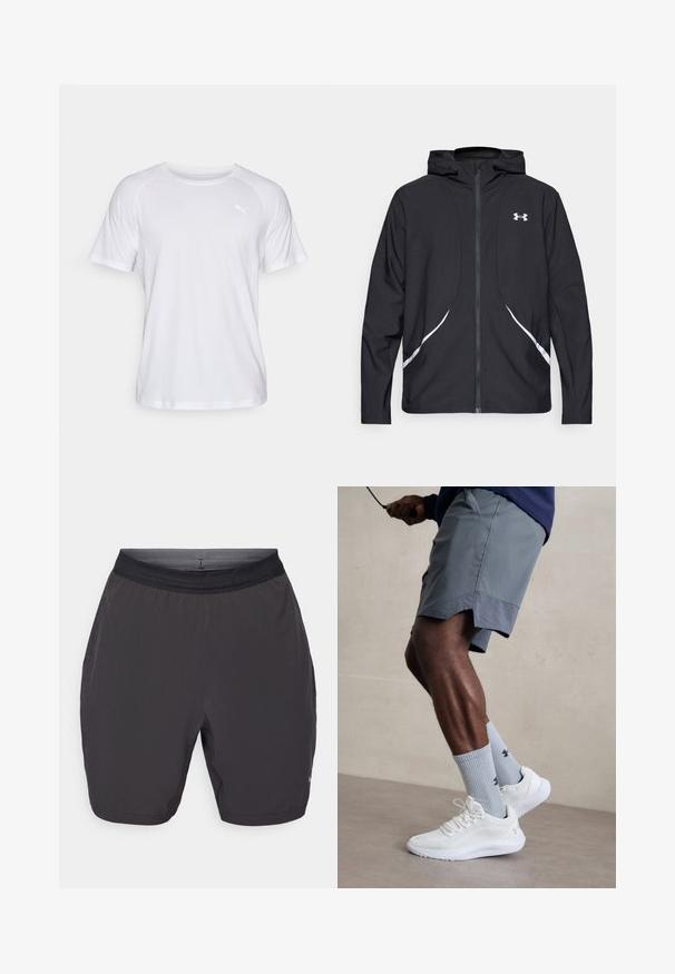 Black zip-up hooded jacket with white accents and logo, featuring long sleeves and a sleek, smooth fabric texture.; White short-sleeve athletic shirt with a smooth texture. Features a round neckline and a small logo in a light shade on the left chest.; Gray athletic shorts made of lightweight fabric. Features an elastic waistband, side pockets, and smooth texture. No visible patterns.; White athletic shoes with textured mesh upper, paired with light blue ribbed socks featuring a logo. Grey athletic shorts with perforated trim.