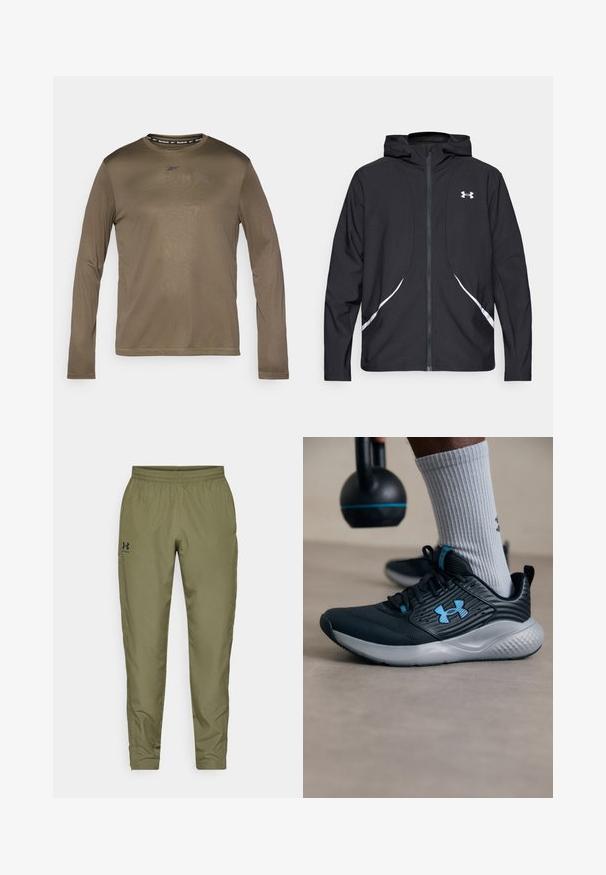 Svart hettejakke med glidelås, hvite detaljer og logo, med lange ermer og en glatt, jevn stofftekstur.; Langermet skjorte i olivengrønn med rund hals, Reebok-logo på brystet, og kontrasterende svart bånd ved kragen. Glatt tekstur.; Olivengrønne treningsbukser med elastisk midjebånd, smale ben, en glatt tekstur og en liten svart logo på venstre side.; Svarte idrettsko med blå detaljer, teksturert overdel og grå såle. Brukt med grå ribbestrikkede sokker, ved siden av en svart kettlebell.