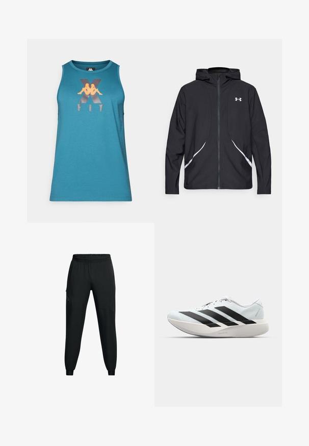 Juoda gobtuvu su užtrauktuku striukė su baltais akcentais ir logotipu, ilgomis rankovėmis ir lygiu, švelniu audinio tekstūra.; Turkio spalvos be rankovių marškinėliai, pagaminti iš lygios tekstūros audinio, su metaliniu grafiniu logotipu oranžine ir sidabrine spalvomis.; Juodi sportiniai kelnės su elastinga juosmena, siaurėjančio pjūvio, šoninėmis kišenėmis ir kontrastingais panelių detalėmis. Lengvas, lygus audinys.; Lengvi bėgimo batai šviesiai mėlynos spalvos su juodomis juostelėmis. Yra lygus viršus, apvalus pirštas ir storas baltas vidpadis su užrašu "LIGHTSTRIKE PRO."