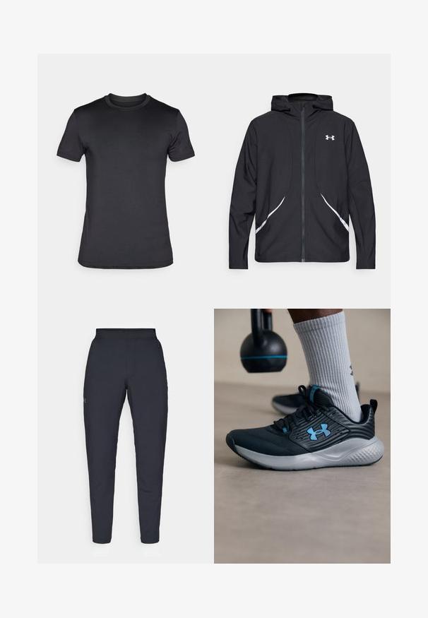 Casaco preto com capuz e fecho de correr, detalhes brancos e logótipo, apresentando mangas compridas e um tecido liso e elegante.; T-shirt preta de manga curta feita de tecido suave. Decote redondo clássico com detalhe sutil do logo na manga esquerda.; Calças de desporto negras com uma textura suave, corte justo, cintura elástica e bolsos laterais. Apresenta um pequeno logótipo na coxa esquerda.; Sapatilha atlética preta com detalhes em azul, parte superior texturizada e sola cinza. Usada com meias caneladas cinza, ao lado de um kettlebell preto.